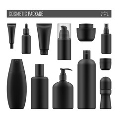 Set of realistic black package for luxury cosmetic product: tube cream, bottle with pump dispenser or spray, oil, lotion or shampoo, gel shower and liquid soap. Vector mockup of isolated on white
