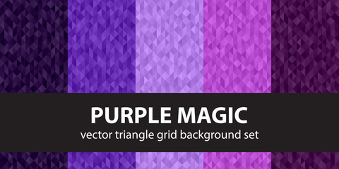 Triangle pattern set "Purple Magic". Vector seamless geometric backgrounds