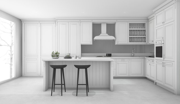 3d rendering white classic kitchen