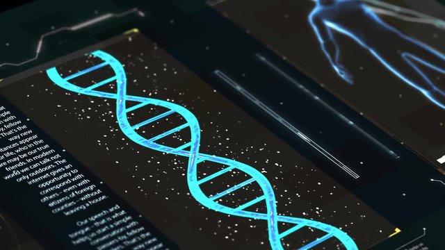 Medical futuristic interface. Shows the brain of the DNA and the human body. Investigation of the human genome and evolution. Maybe an artificial intelligence