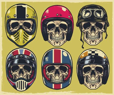 Fototapeta Set of hand drawing skulls wearing various of motorcycle helmet