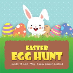 Easter egg hunt invitation template design. Cute cartoon rabbit and colorful easter eggs on meadow.