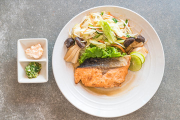 fried salmon steak with vegetable
