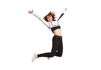 Fototapeta na wymiar Young casual woman jumping. Isolated