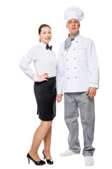 Male chef and waiter woman in full length on white background