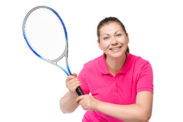 brunette with a smile and a racket, posing on a white background