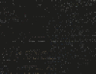 Corrupted source code. Modern vector illustration about computer security. Abstract ascii glitch background. Fatal programming error. Buffer overflow problem. Random signal error. Element of design.