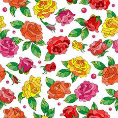 Seamless pattern with spring flowers in stained glass style, flowers, buds and leaves of  multi colored roses on a light background