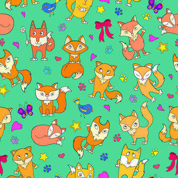 Seamless pattern with funny cartoon foxes on a green background