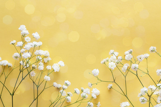 The Border Of Delicate Little White Flowers On Yellow Background From Above.  Space For Text.