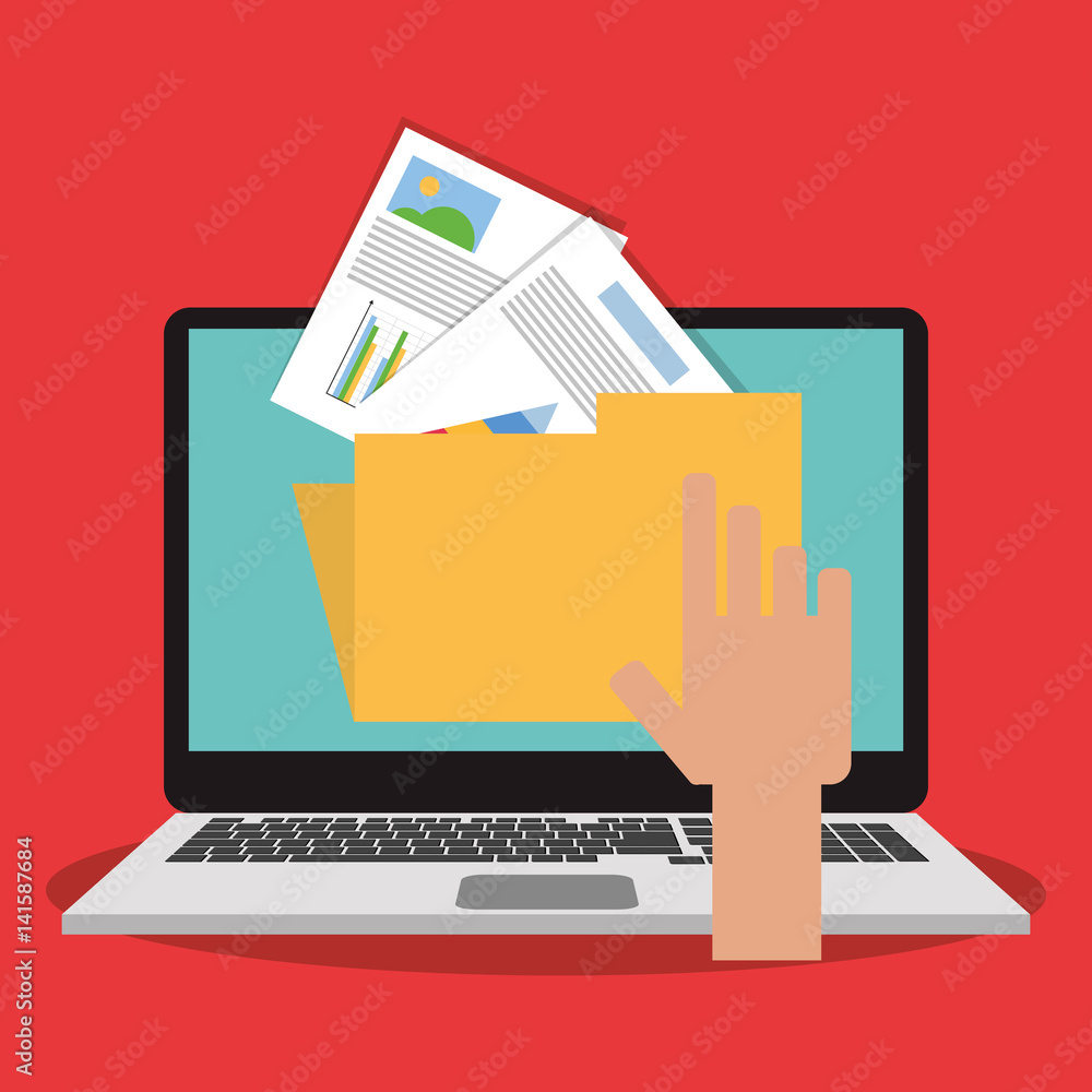 Poster computer with graph chart finance related icons image vector illustration design