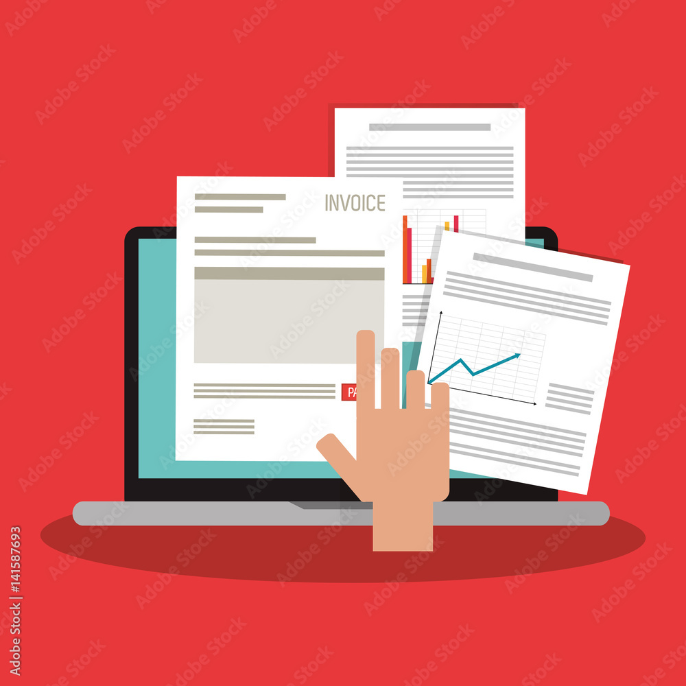 Poster computer with graph chart finance related icons image vector illustration design