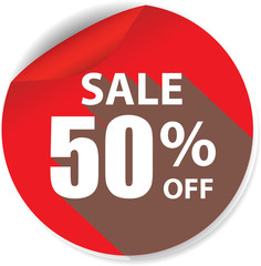 50% discount red sticker, button, label and sign.