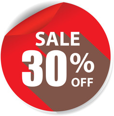 30% discount red sticker, button, label and sign.