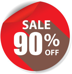 90% discount red sticker, button, label and sign.