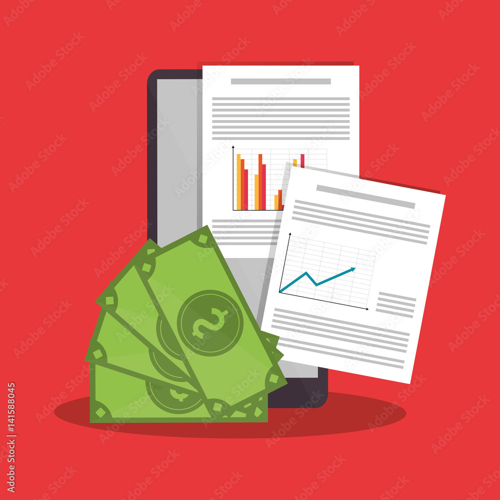 Poster cellphone with graph chart finance related icons image vector illustration design