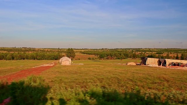 Motion Past Sunny Rural Landscape with Farmer Buildings