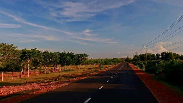 Camera Moves along Shady Sunny Road among Rural Landscape