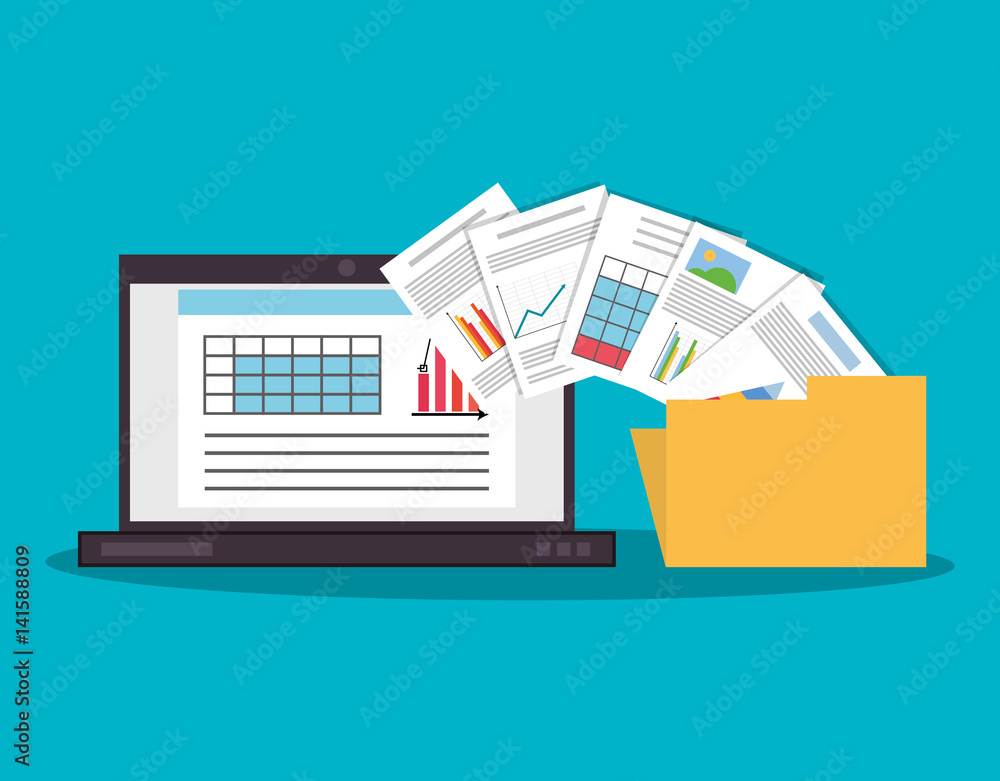Poster computer with graph chart finance related icons image vector illustration design