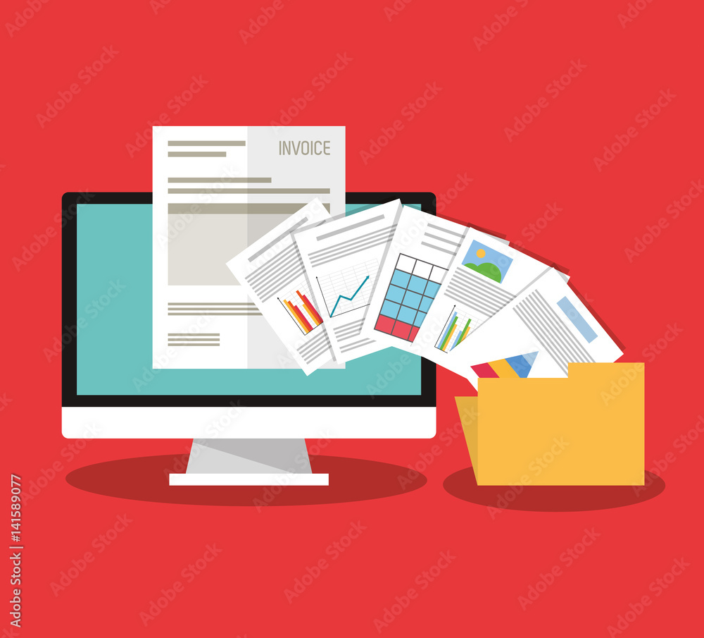 Poster computer with graph chart finance related icons image vector illustration design