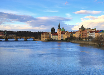 Czech Republic Prague Charles Bridge and Vltava river view of the historical part of the clock tower old houses