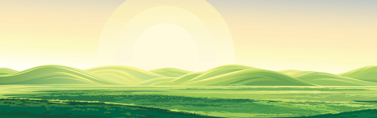 Obraz premium Summer rural landscape, dawn above hills, elongated format.