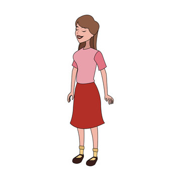 pretty brunette woman with pink top and red skirt icon image vector illustration design