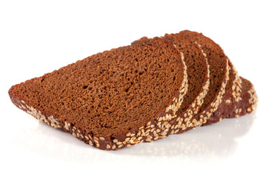 slices of black bread with sesame seeds isolated on white background