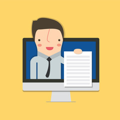 Announce business man hold paper from into monitor screen computer, cartoon vector illustration