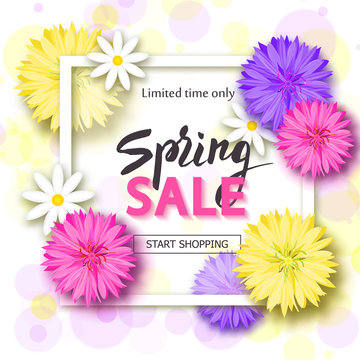 Spring sale background with flowers. Season discount banner. Vector illustration ,template. Wallpaper, flyers, invitation, posters, brochure.