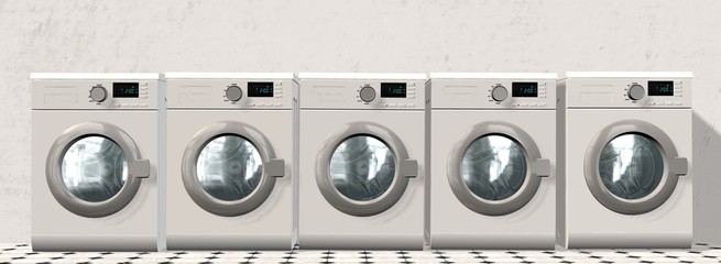 modern Washing Machines in an empty room with a shiny tiled floor 