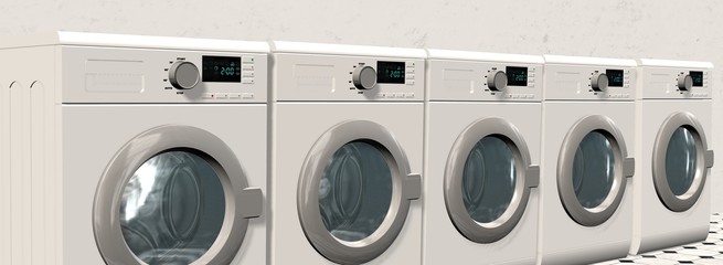 modern Washing Machines in an empty room with a shiny tiled floor 
