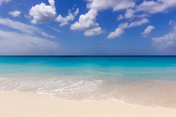 Fototapeta na wymiar Turquoise water and white send of caribbean sea