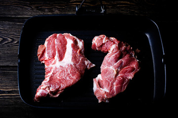 Raw meat steak in grill pan