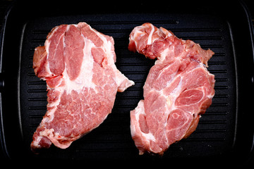 Raw meat steak in grill pan