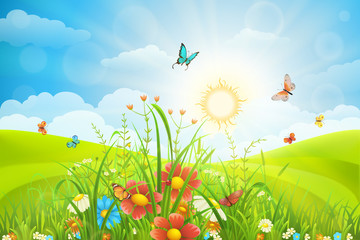 Naklejka premium Vector summer background with green grass, flowers and butterflies