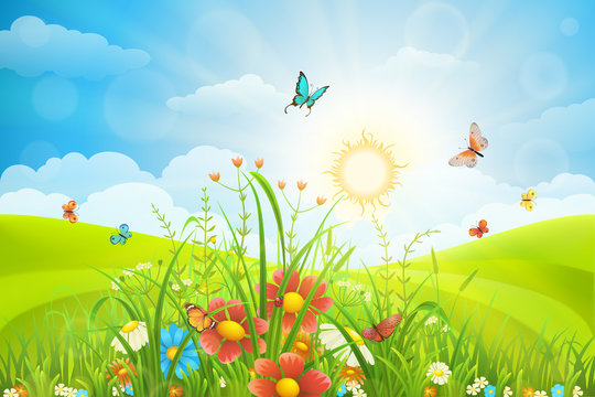 Vector summer background with green grass, flowers and butterflies