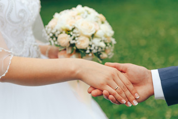 Obraz na płótnie Canvas Holding hands the bride and groom