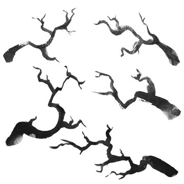 Ink hand drawn style isolated silhouettes of branches set.