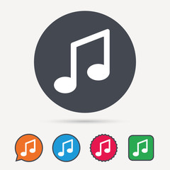 Music icon. Musical note sign. Melody symbol. Circle, speech bubble and star buttons. Flat web icons. Vector