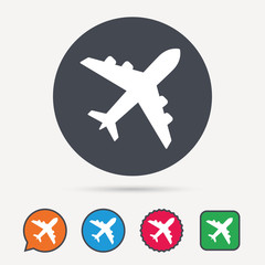 Obraz premium Plane icon. Flight transport symbol. Circle, speech bubble and star buttons. Flat web icons. Vector