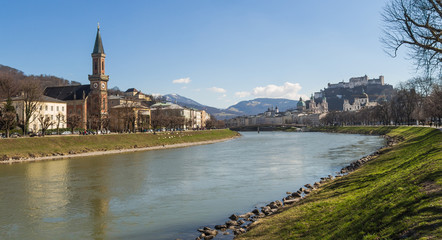 Panoramic scenic view of Salzburg, Austria with the lake and the castle.