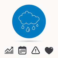 Rain icon. Water drops and cloud sign. Rainy overcast day symbol. Calendar, attention sign and growth chart. Button with web icon. Vector