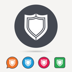 Shield protection icon. Defense equipment symbol. Circle, speech bubble and star buttons. Flat web icons. Vector