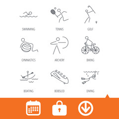 Swimming, tennis and golf icons. Biking, diving and gymnastics linear signs. Archery, boating and bobsleigh icons. Download arrow, locker and calendar web icons. Vector