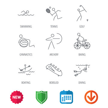 Swimming, tennis and golf icons. Biking, diving and gymnastics linear signs. Archery, boating and bobsleigh icons. New tag, shield and calendar web icons. Download arrow. Vector