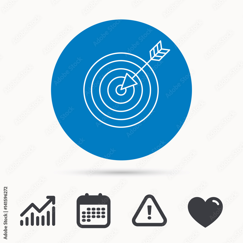 Poster target with arrow icon. dart aim sign. calendar, attention sign and growth chart. button with web ic