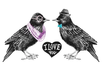 Wandaufkleber Valentines day card with couple of starlings © Marina Gorskaya