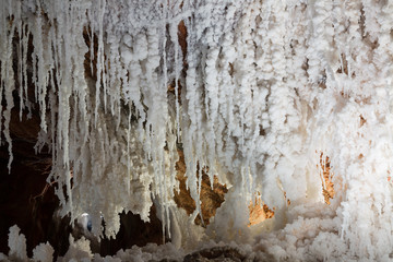 White natural salty stalactites