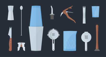 barman equipment set. colorful flat illustration